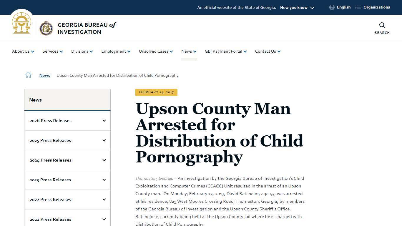Upson County Man Arrested for Distribution of Child Pornography Georgia Bureau of Investigation